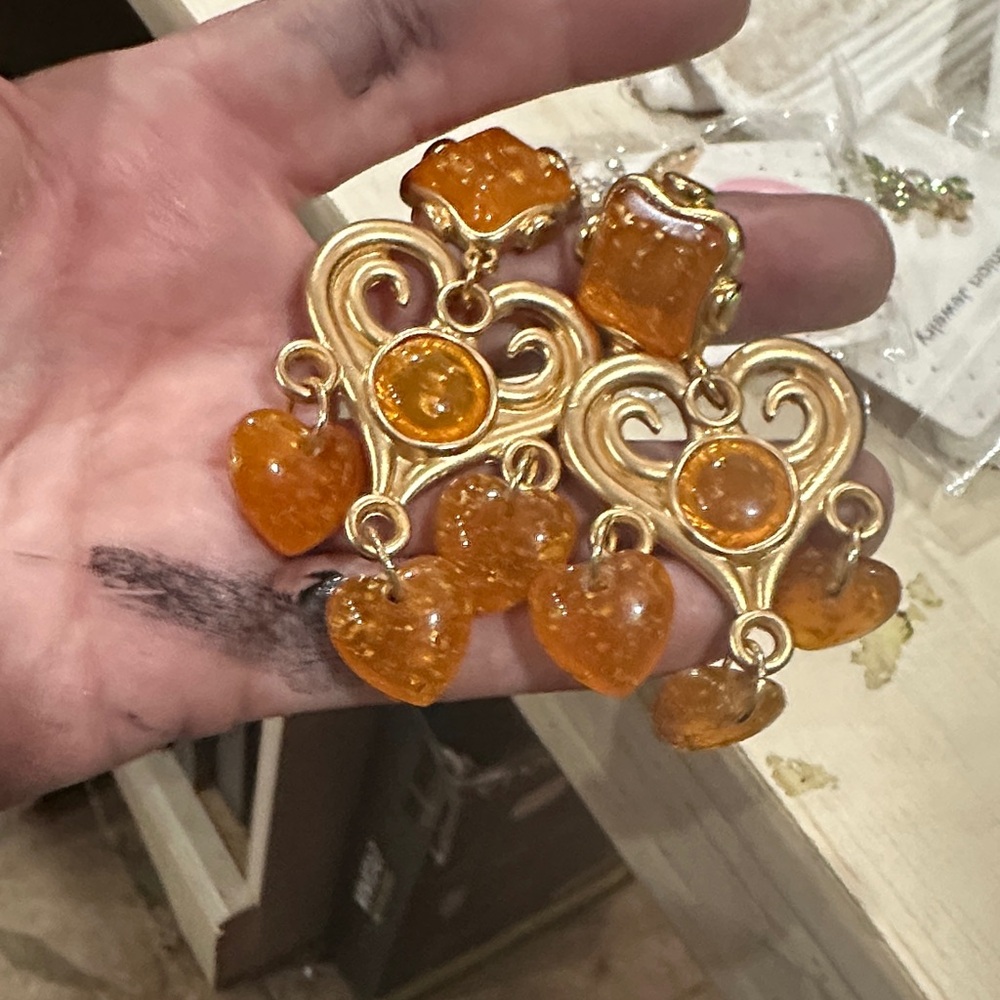 Gold and Amber Heart Drop Earrings